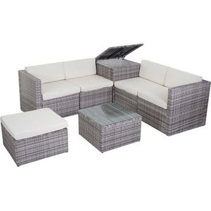 Poly-rattan set MCW-D21, balkon/tuin/lounge set Zitgroep, opbergvak ~ grijs, kussens crème