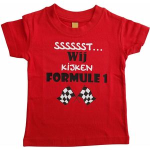 Rood baby t-shirt met ""Sssssst... Wij kijken Formule 1"" - 12 tot 18 maanden - babyshower, zwanger, cadeautje, kraamcadeau, grappig, geschenk, baby, tekst, bodieke, vaderdag, verjaardag, opa en oma dag