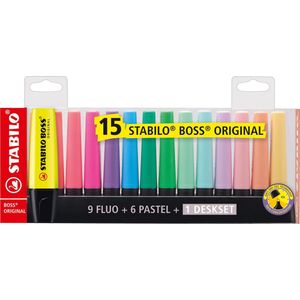 STABILO BOSS ORIGINAL – Markeerstift – 15 Stuks Deskset - 9 Standaard + 6 Pastel Kleuren