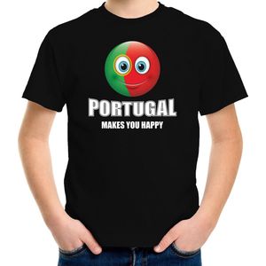 Portugal makes you happy landen t-shirt met emoticon - zwart - kinderen - Portugal landen shirt met Portugese vlag - EK / WK / Olympische spelen outfit / kleding 134/140