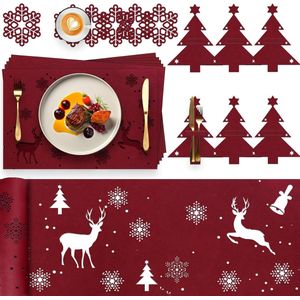 Set van 19 Placemats en Tafelloper in Kerstthema - Rood Vilt - Feestelijke Tafeldecoratie