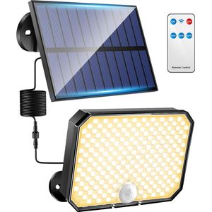 Zonnelamp voor buiten, bewegingsmelder, warm licht, 190 leds, 1500 lm, zonnelamp voor buiten, 3 modi en afstandsbediening, zonnelamp voor buiten, IP65, zonnelamp voor buiten, tuin
