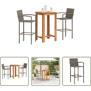 The Living Store Tuinbarset - Acaciahout tafelblad - PE-rattan barkrukken met voetsteun - Grijs - 60 x 60 x 105 cm Tuinbarset - Buitenbarset - Acacia Hout - Pe Rattan - Terras Set - Lounge Set - Bistro Set - Eetkamerstoel