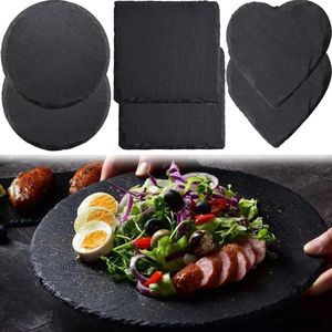 Serveerplaten Set - 6PCS Set - Liefde Vierkant Circulair Slate Kaas Board - Mini Plates - Zwarte Charcuterie Boards - Natuurlijke leisteen Stone Plate Tray - Natuurlijke leisteen Placemats - 15 * 15cm