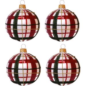 Sfeervolle Witte Kerstballen met Klassieke Rode en Donkergroene Ruit - set van 4 glazen kerstballen van 8 cm
