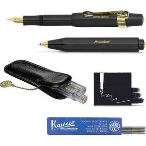 Kaweco - Cadeau - pennenset- (6delig) - Etui - Vulpen Fine met Clip - Balpen - Zwart - Inktpatronen - Balpenvullingen