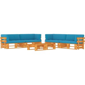 The Living Store Pallet Loungeset - Houten - 4-delig - Blauwe kussens - 110x65x55 cm