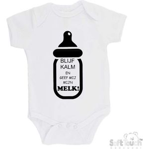 100% katoenen Romper ""Blijf kalm en geef mij mijn MELK!"" Unisex Katoen Wit/zwart Maat 56/62