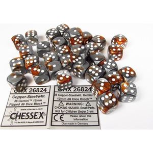 Chessex Gemini Koper-Staal/wit D6 12mm Dobbelsteen Set (36 stuks)