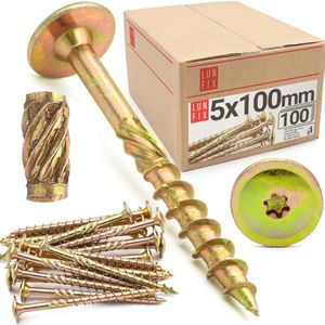 Platte kopschroeven 5 x 100 mm - 100 stuks, geel verzinkt, torx-schroeven voor houtbewerking