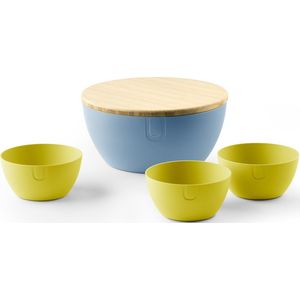 UBITE zomerset – bio-based saladeschaal sky blue (XL - Ø 27) inclusief deksel/snijplank + set van 3 bio-based bowls cyber yellow (S - Ø 13) - saladeschaal/saladekom/kom/schaal/bakje/duurzaam