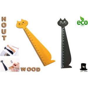 Bob Online ™ - 2 Stuks – Zwart + Hout Kleur – Kat Vorm Houten Boekenlegger – Kat Bladwijzer – Bladwijzerliniaal 15cm – Kantoor Gereedschap – Cat Wooden Bookmark & Ruler in one – Boekenlegger Hout – Vintage Houten Liniaal Bladwijzer