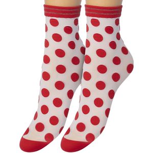 Bonnie Doon Big Dots Sheer Sokjes Wit met Rode Stippen maat 36/42 - Set van 2 paar - Korte panty sokjes - Stippen - Glitter Streep boordje - Net boven enkel lengte -Zomer sokjes - wit met Rood - Red - OL21111202.337