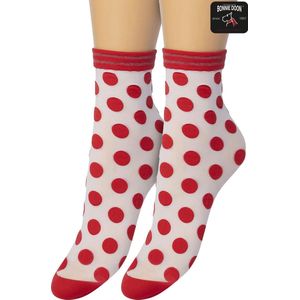 Bonnie Doon Big Dots Sheer Sokjes Wit met Rode Stippen maat 36/42 - Set van 2 paar - Korte panty sokjes - Stippen - Glitter Streep boordje - Net boven enkel lengte -Zomer sokjes - wit met Rood - Red - OL21111202.337