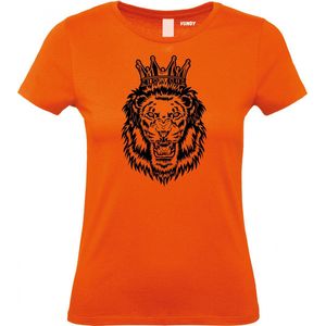Dames T-shirt Leeuw Met Kroon Zwart | Koningsdag kleding | oranje shirt | Oranje dames | maat S
