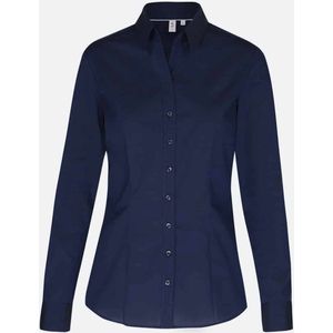 Dames blouse donkerblauw met V-hals volwassen lange mouw strijkarm katoen maat 36