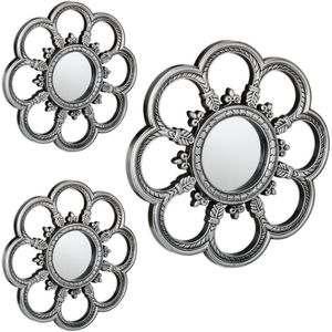 Relaxdays spiegel set van 3 - sierspiegel bloem - muurspiegel zilver - wandspiegel 26 cm