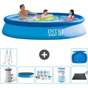 Intex Rond Opblaasbaar Easy Set Zwembad - 366 x 76 cm - Blauw - Inclusief Pomp Afdekzeil - Onderhoudspakket - Filter - Solar Mat - Ladder - Voetenbad