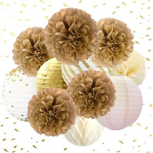 Joya Party® Pompom en Lampionnen Feest Versiering Goud | Decoratie | Verjaardag, Jubileum & Bruiloft | Goud
