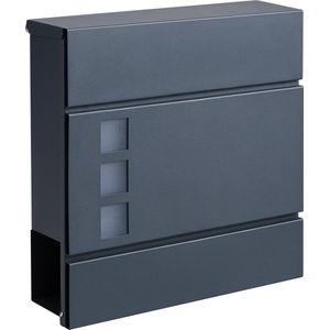 HÜSQ Brievenbus voor Wand of Muur, met Slot, Doorkijk Vensters en Krantenvak - Wandbrievenbus in metaal - Antraciet Grijs