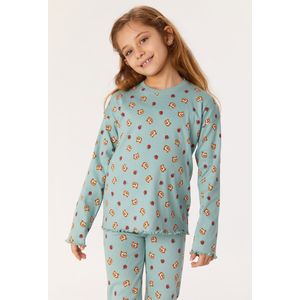 Woody pyjama van rekbare ribkatoen meisjes/dames - grijsblauw met uil all-over print - 222-1-WPC-R/947 - maat 152