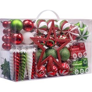 Kerstballen, 100-delig, 3-20 cm, kunststof kerstballen voor kerstdecoratie, met kerstboompiek en hanger, klassieke serie, thema, rood, groen, wit, herbruikbare verpakking