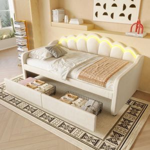 Slaapbank met lades - eenpersoonsbed - zonder matras - fluweel - van kleur wisselende LED-strip - 90x200cm - beige
