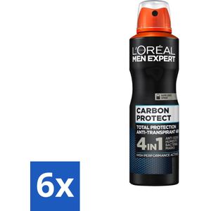 6 x L'Oréal Men Expert Carbon Protect 5-in-1 - Deodorant - 150 ml - L'Oréal Deodorant - Deodorant Spray - Anti-transpirant - 48 Uur Bescherming - Anti-geur