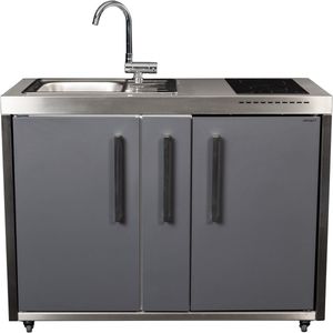 Minikeuken BeNeLux Stengel MO120 A voor gemonteerde metalen outdoor keuken met koelkast - inductie kookplaat - water en electriciteits aansluiting inclusief alle toebehoren Lei Grijs