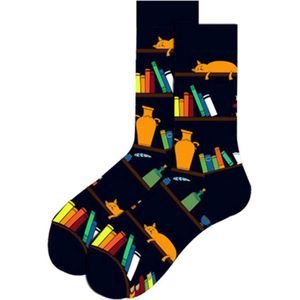 Winkrs - Boekenkast sokken - Grappige sokken voor de boekenwurm of schrijver - Boeken, kat, inkt - Dames/heren maat 40-46
