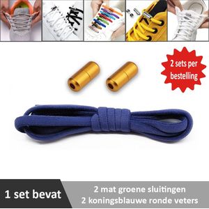 2 paar koningsblauwe ronde elastische veters met metalic gouden sluitingen. Je hoeft voortaan nooit meer je veters te strikken