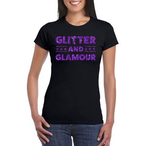Toppers Zwart Glitter and Glamour t-shirt met paarse glitter letters dames - VIP/glamour kleding L