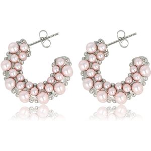 Zilverkleurige roze pareloorbellen 23mm - Zilverkleurige oorring versierd met roze parels - Met luxe cadeauverpakking