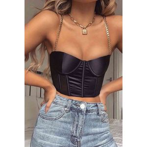 AMARANTA-Kettingdetail zijden Bustier Cami Crop Top-Srappy Corset-Stevige Zwarte Bustier Crop- Corsagetop- Maat L