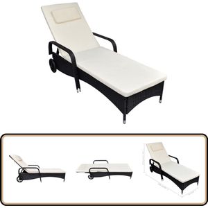 vidaXL Ligbed met kussen en wieltjes - Zwart Ligstoel - Rattan Ligstoel - Tuinset - Buitenstede - Loungestoel