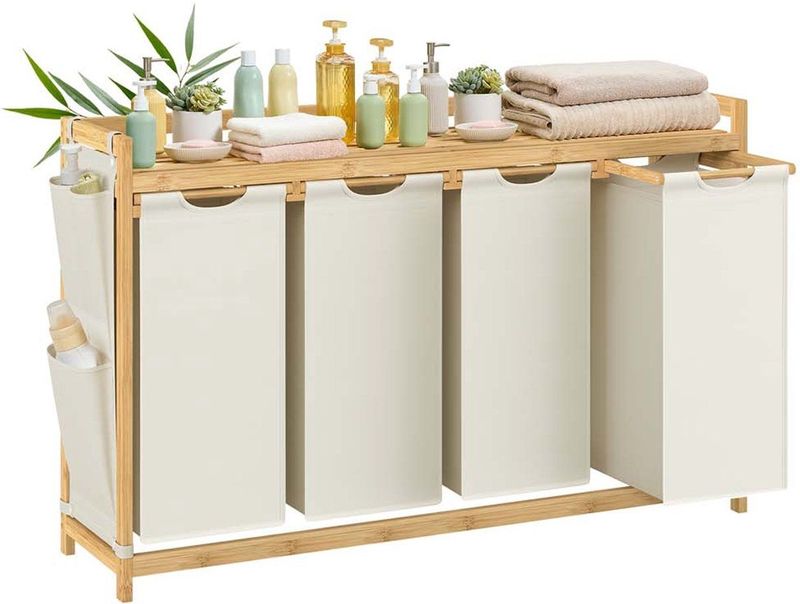 Wasmand – 4 compartimenten – 4 x 50 L – 124,6 x 33 x 78 cm – Crèmewit