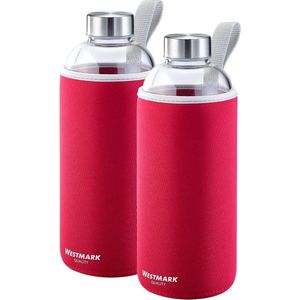 527422E7 Drinking Bottle Set of 2 Glass with Print and 1 Protective Cover 1000 ml Glass / Silicone / Rubber BPA-Free Viva Red / Silver / Clear