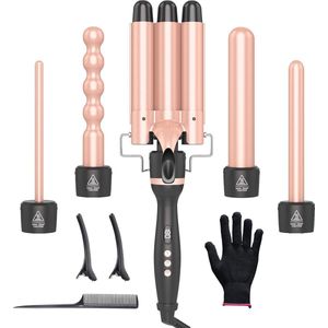 5-in-1 Krultang met 3 Vaten - Keramisch Golfijzer met Instelbare Temperatuur 80-230°C - Inclusief Handschoen en Clips