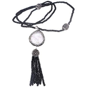 Zoetwater parelketting Bright Coin Pearl - echte parels - wit - zwart - stras stenen - lange ketting - kwastje