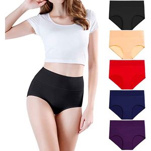Taille Damesonderbroeken - Volledige Bedekking en Buikcontrole - Zacht Katoen - Zwart/Huid/Rood/Paars/Blauw - Maat L - 5 stuks