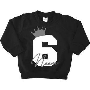 Verjaardag sweater kroon met naam-6 jaar-zwart-Maat 110/116