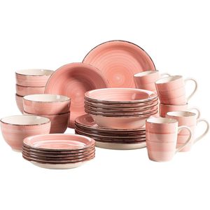 30-delig vintage serviesset voor 6 personen, handbeschilderd keramisch combiservies in roze, aardewerk