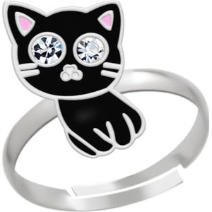 Ring meisjes kind | Ring kinderen | Zilveren ring, zwart katje met kristalogen