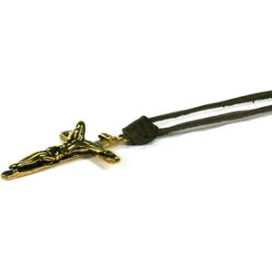 IbizaMen - heren ketting - veter bruin leer vintage - Goud edelstaal crucifex kruis - verstelbaar