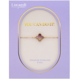 Lucardi Dames Succes wensen cadeau - Stalen goldplated armband met amethyst op kaartje - Armband - Staal - Goudkleurig - 20 cm