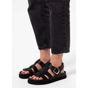 Sacha - Dames - Zwarte leren chunky sandalen - Maat 40