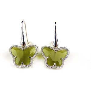 Zilveren oorringen oorbellen Model Vlinder gezet met kaki groene steen
