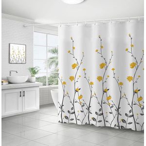 Douchegordijn, 200 x 200 cm, waterdicht, wasbaar, badgordijn, kleine gele bloem, wasbaar, polyester, badgordijnen met 12 douchegordijnringen, voor badkamer, badkuip