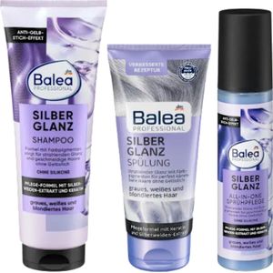 Balea Professionele Zilverglans - Set van 3 - Shampoo, Conditioner & Verzorgingsspray - Anti-vergelingseffect| Combiverpakking 1x250 ml, 1x 200ml 1x 150ml - met Zilverwilgenextract en Keratine | Voor Grijs, Wit en Gebleekt Haar