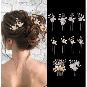 Inovra - Parels Bruidshaarspelden - Set van 2 - Bloemen Kam - Messing en ABS Plastic - Licht Goudblad - Haaraccessoires - Bruiloftsstyling